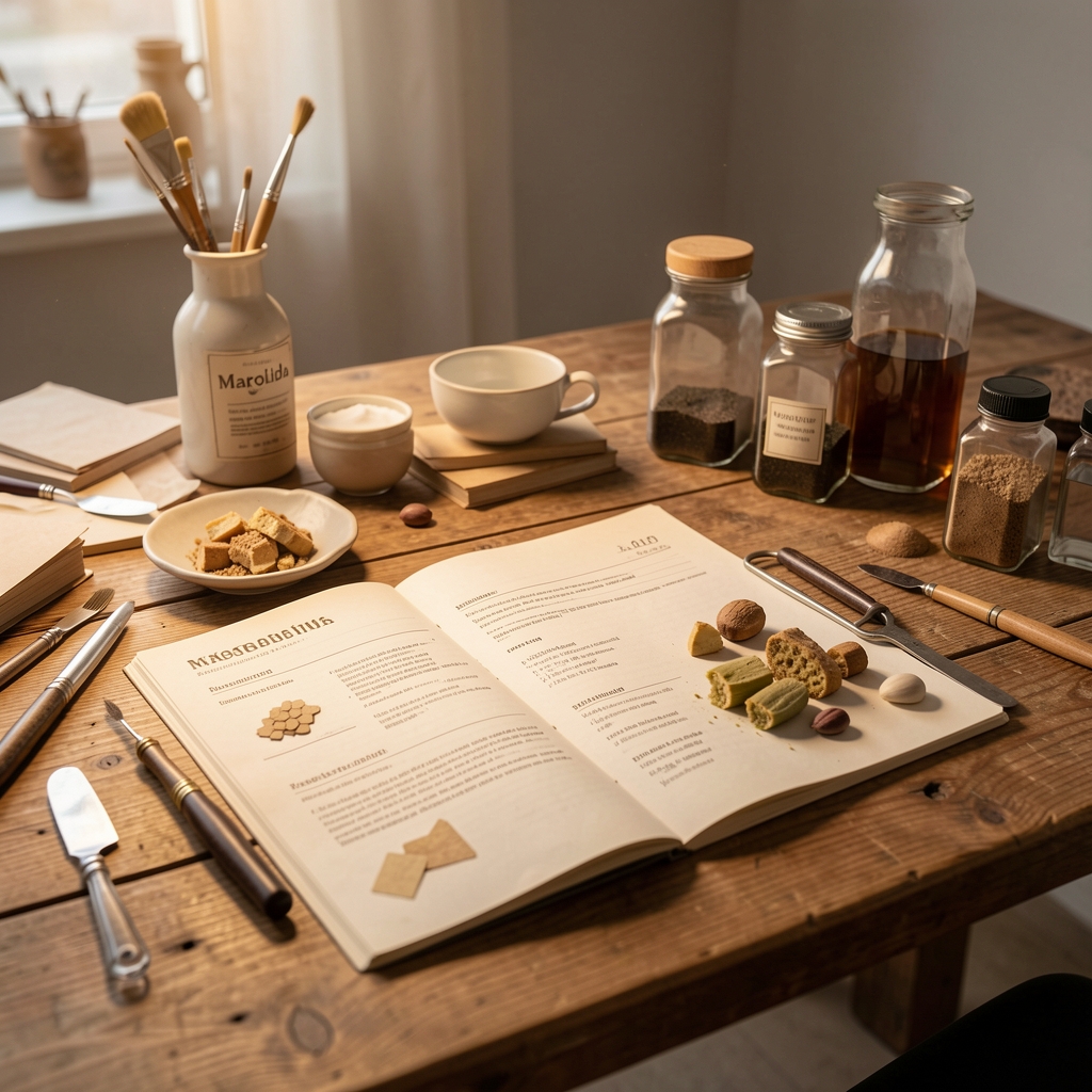 Tarikola specialist reviewing printed batch verification documents at a wooden worktop, with supplement ingredient samples in labelled glass jars visible in the background under studio lighting