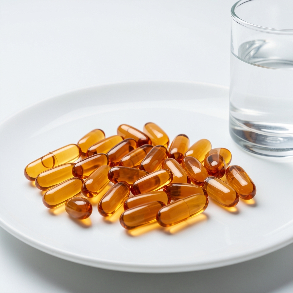 Close-up of arranged amber supplement capsules on a white ceramic surface under bright studio lighting, with a small glass of water to the side