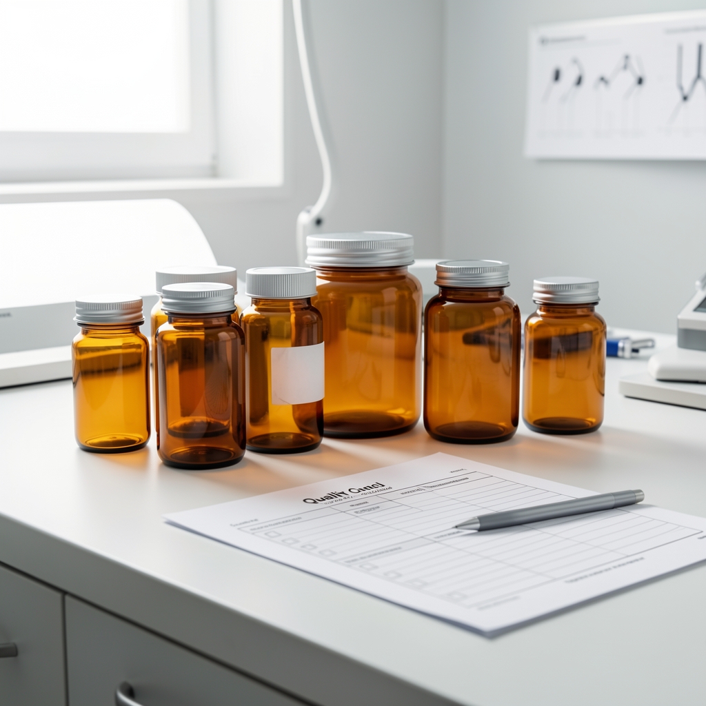 Quality control workspace with amber glass supplement containers and checklist sheets under bright studio lighting